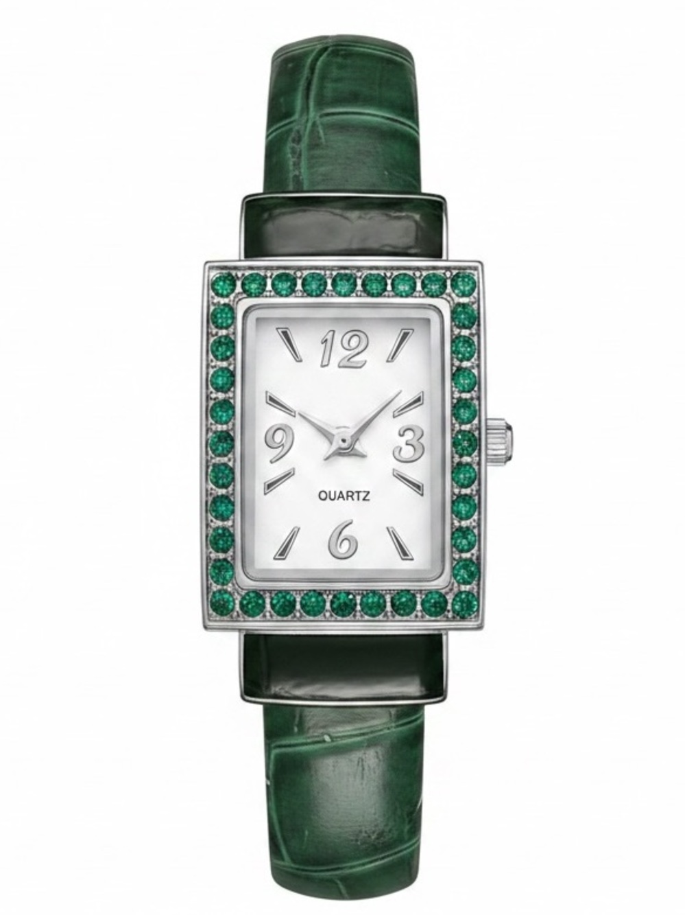 Green Crystal-Trim Rectangular Women's Watch with Leather-Style Strap
